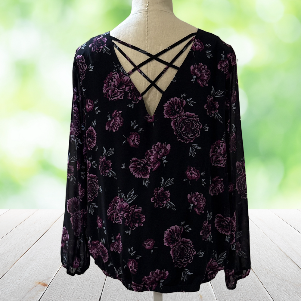 TORRID Strappy Back Blouse Purple Black Floral Sheer Sleeve Blouson Plus 1X